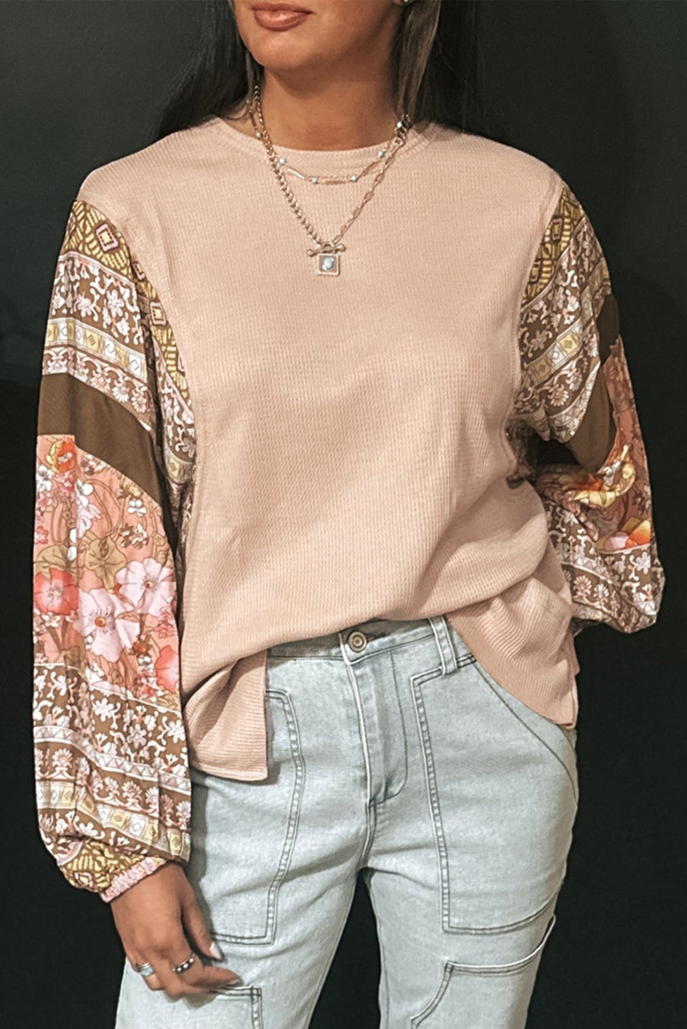 Parchment Contrast Floral Patchwork Puff Sleeve Waffle Knit Top eAura