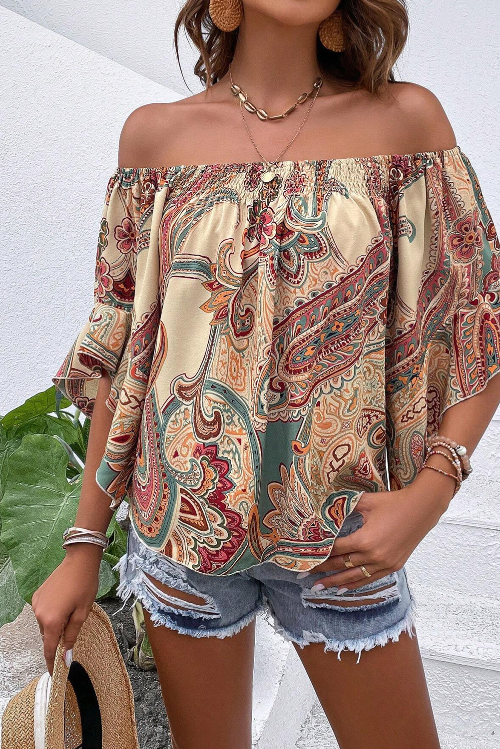 Apricot Paisley Printed Shirred Off Shoulder Ruffled Draped Sleeve Blouse eAura