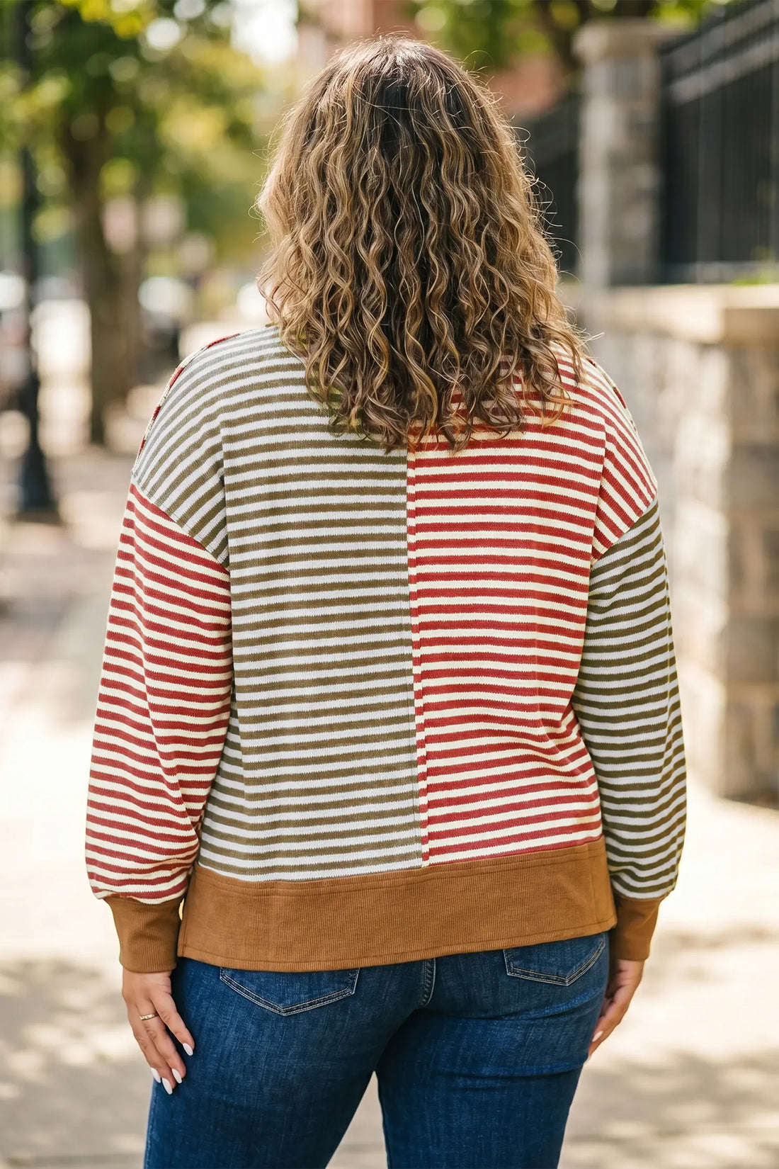 Striped Colourblock V Neck Oversized Long Sleeve Plus Size Blouse – Brown Stripe