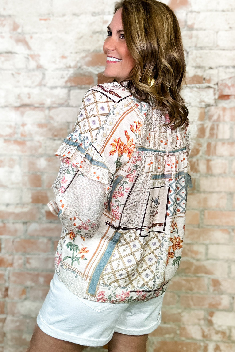 Multicolour Boho Floral Patched Ruffled Sleeve Tied Neck Blouse Beagle Boutique Fashion Outlet