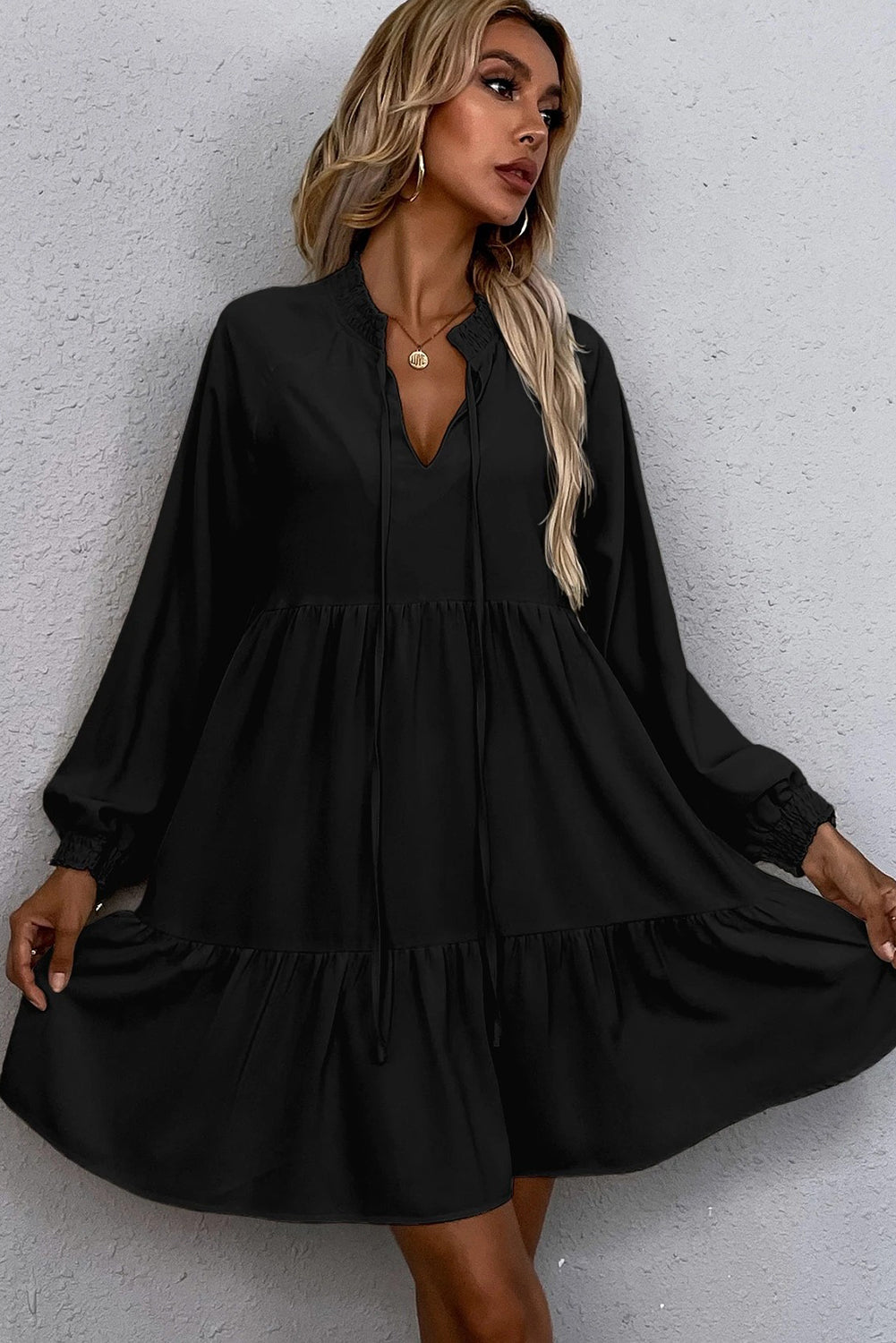 Black Tie Neck Smock Dress Long Sleeve Ruffle Hem eAura