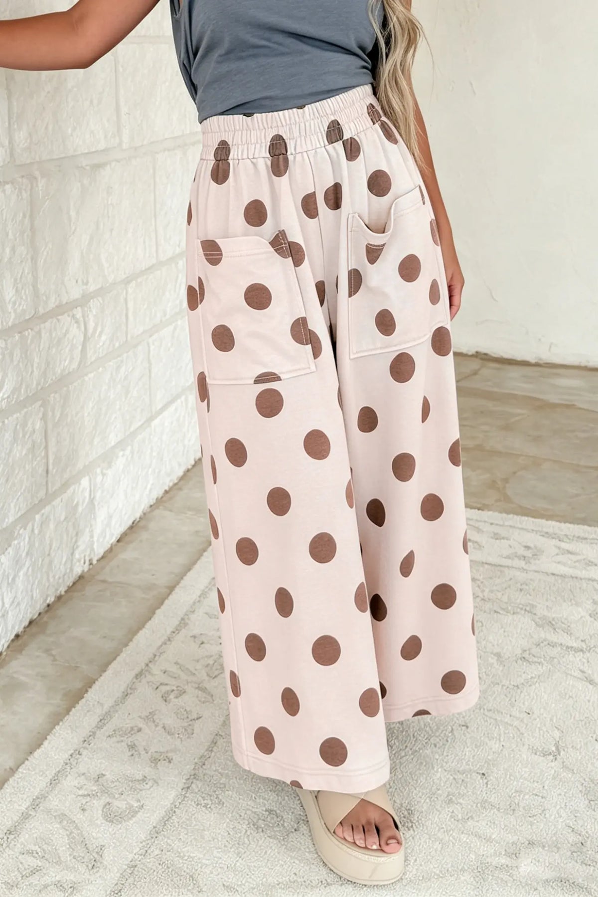 Sky Blue Polka Dot Wide Leg Elastic Waist Casual Pants – Light Blue