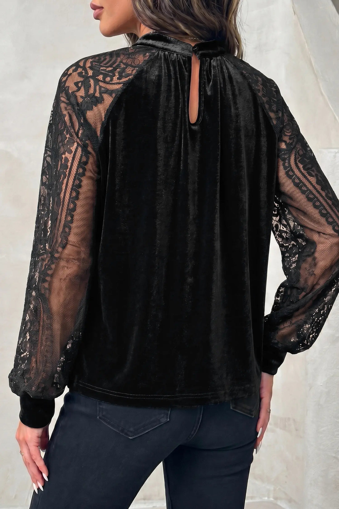 Solid Colour Sheer Lace Long Sleeve Patchwork Stand Neck Velvet Blouse – Colour Black