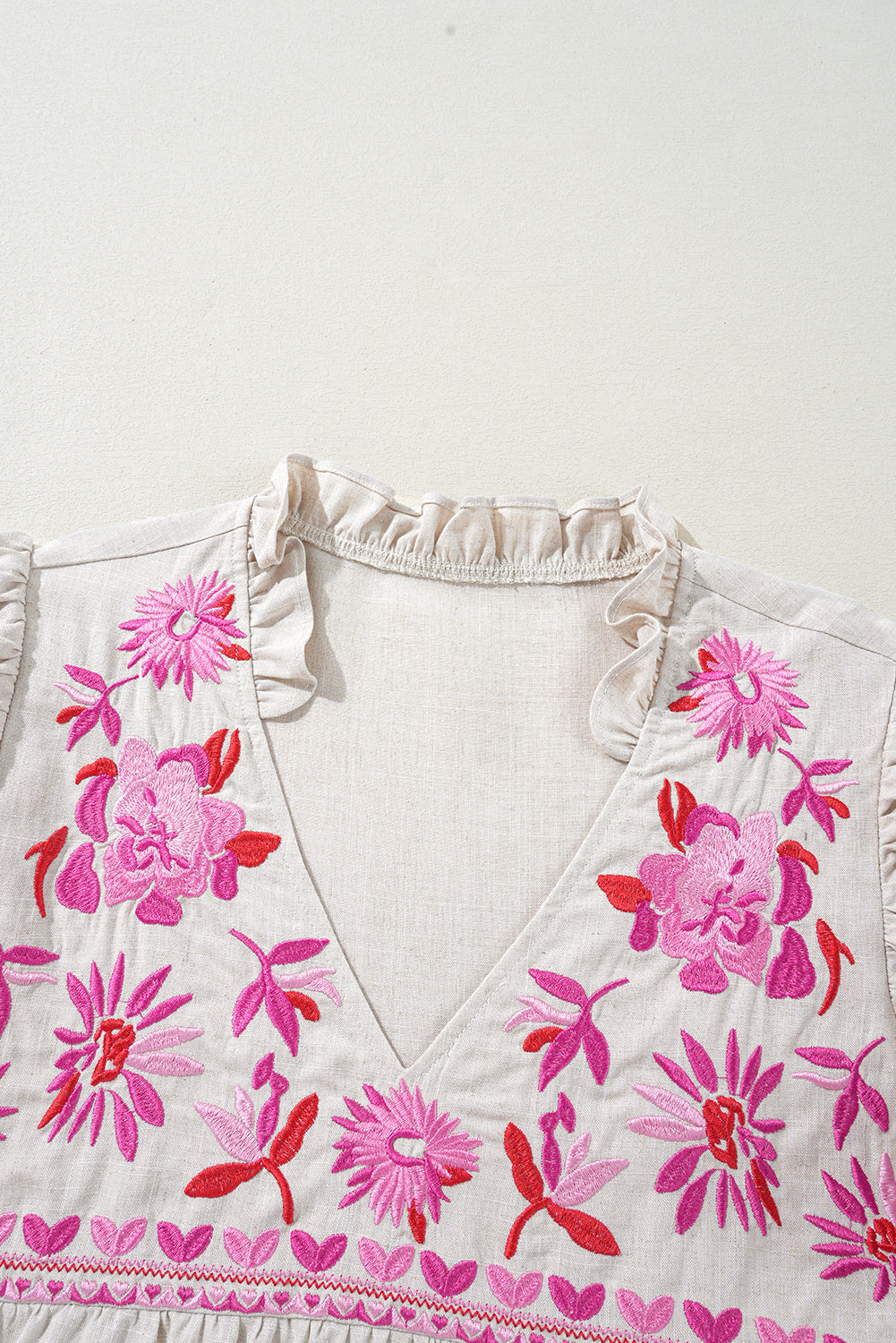Beige Floral Embroidered Short Sleeve Notched V Neck Blouse eAura