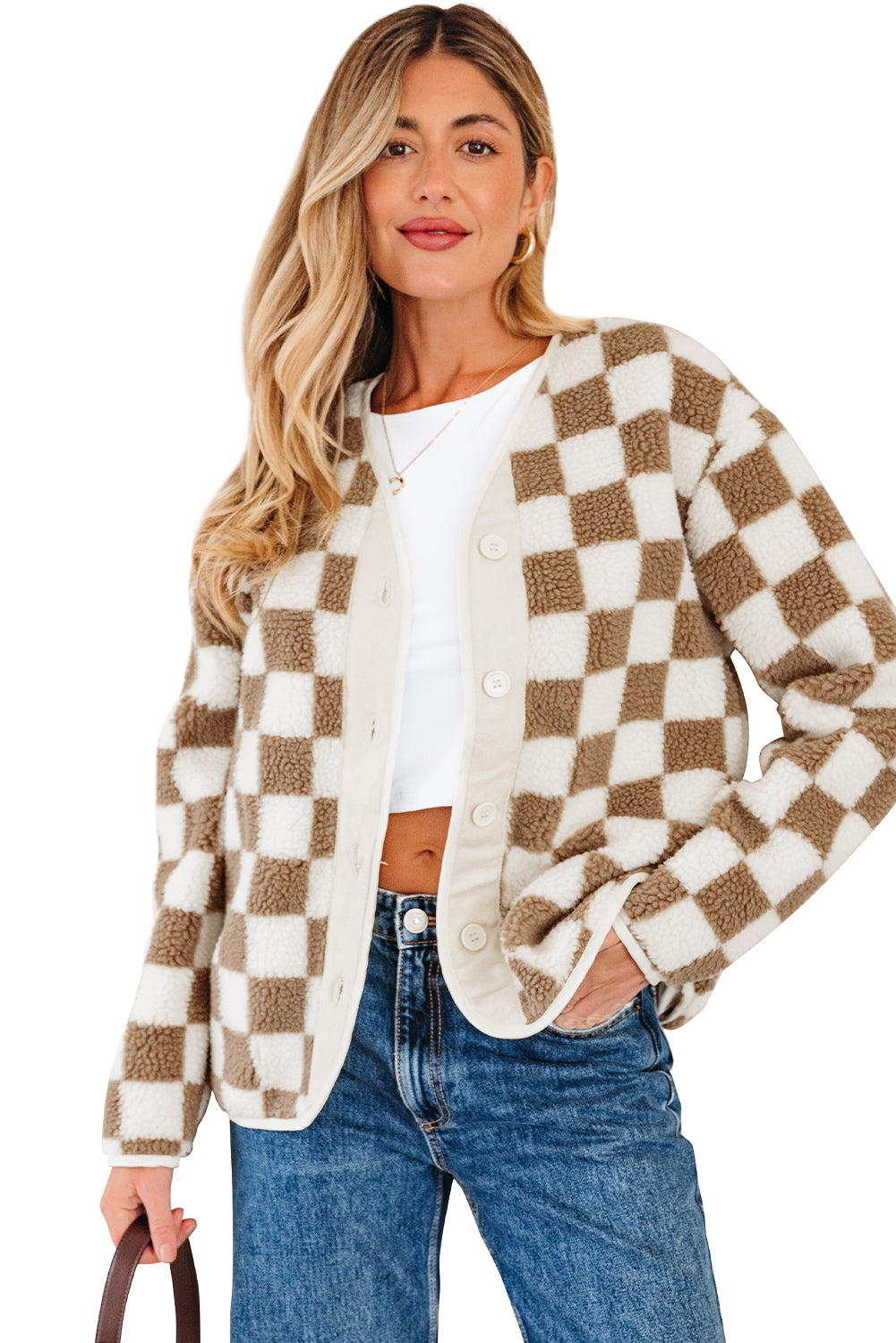 Brown Checkered Sherpa Buttoned Front Chunky Jacket - eAura