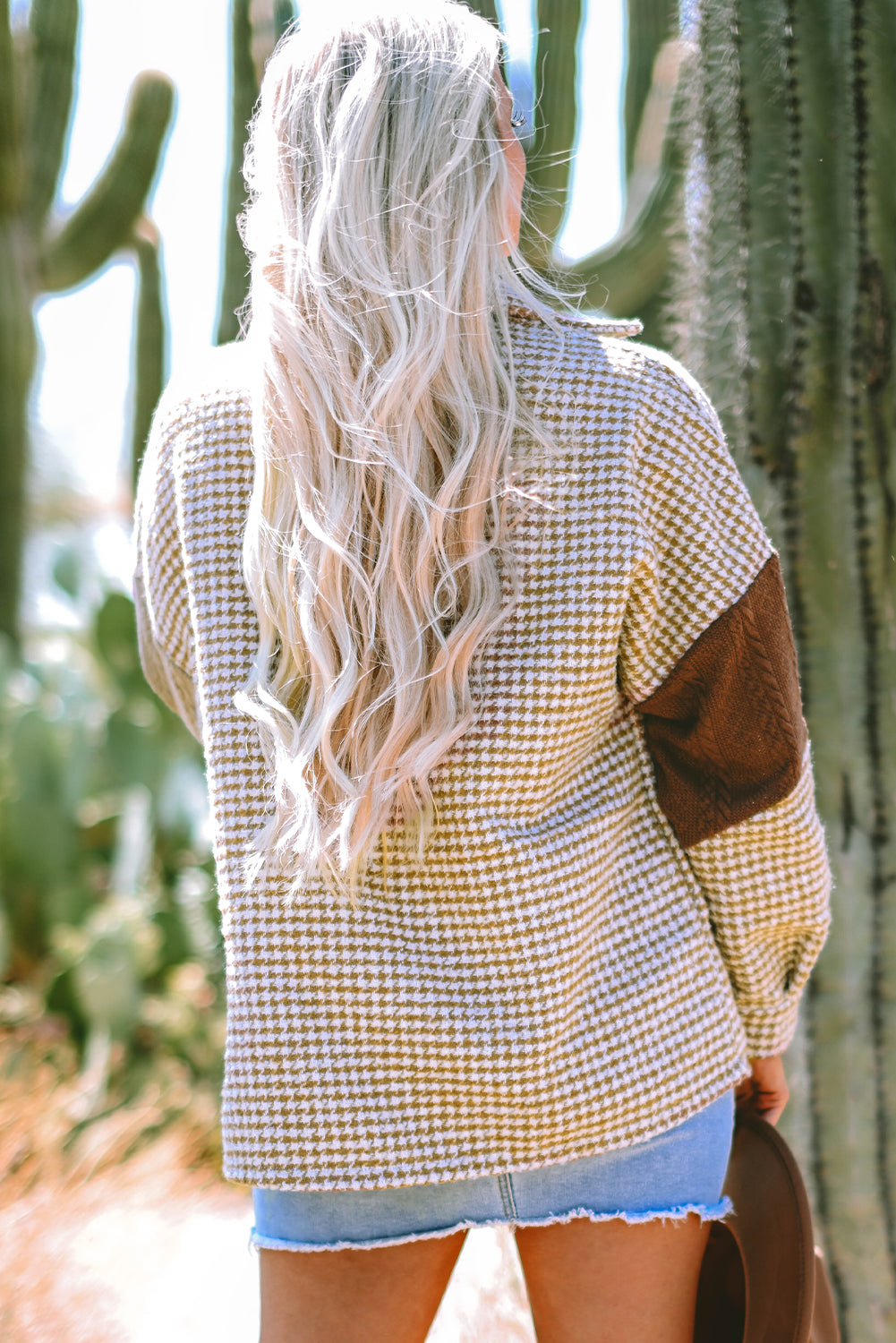 Khaki Houndstooth Colour Contrast Textured Patchwork Loose Shacket eAura