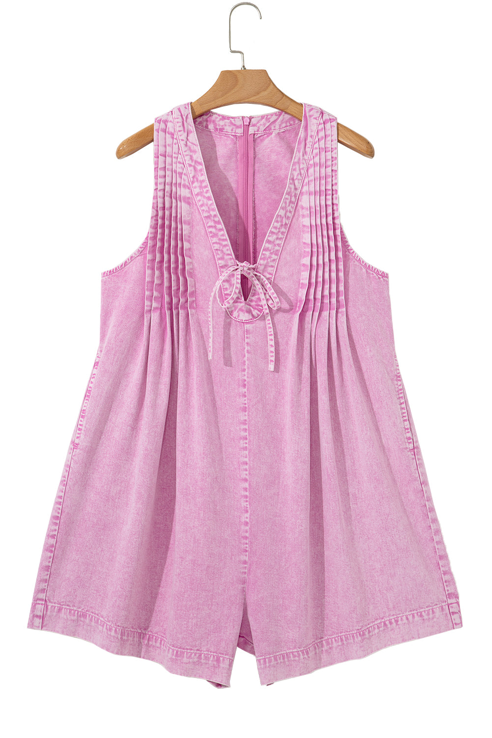 Mineral Wash Pleated Bust V Neck Sleeveless Denim Romper eAura