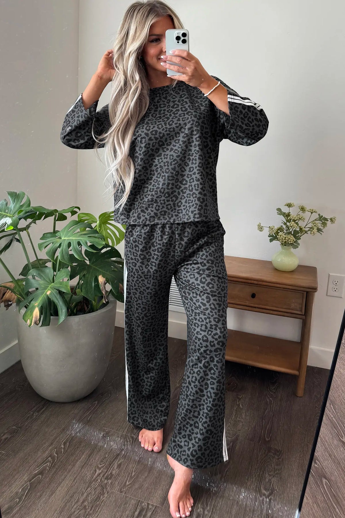 Leopard Print Varsity Striped Detail 3/4 Sleeve Top Shift Pant Set – Pink