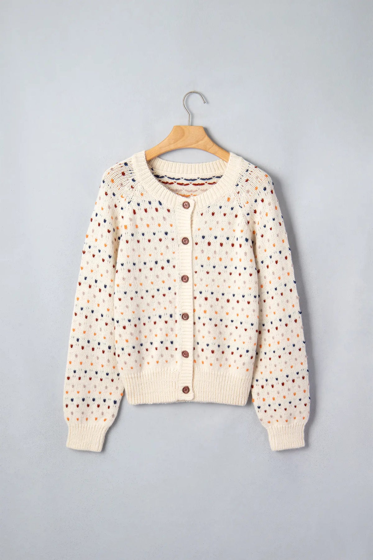 Geometric Print Button Front Long Sleeve Regular Fit Cardigan – Beige