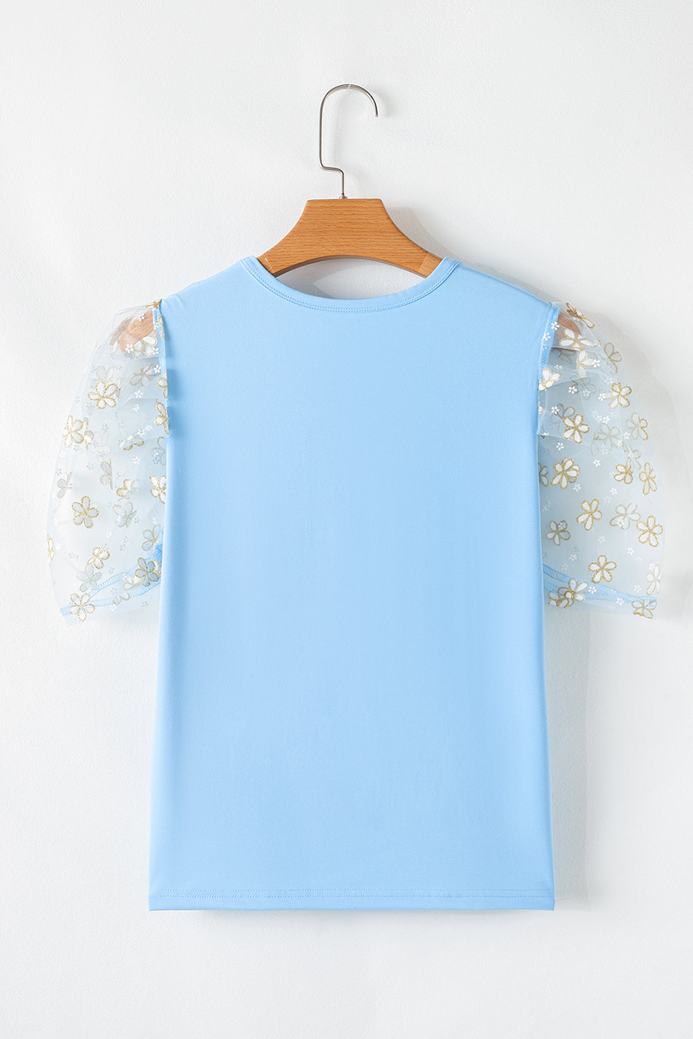 Beau Blue Floral Mesh Puff Sleeve Crew Neck Top eAura