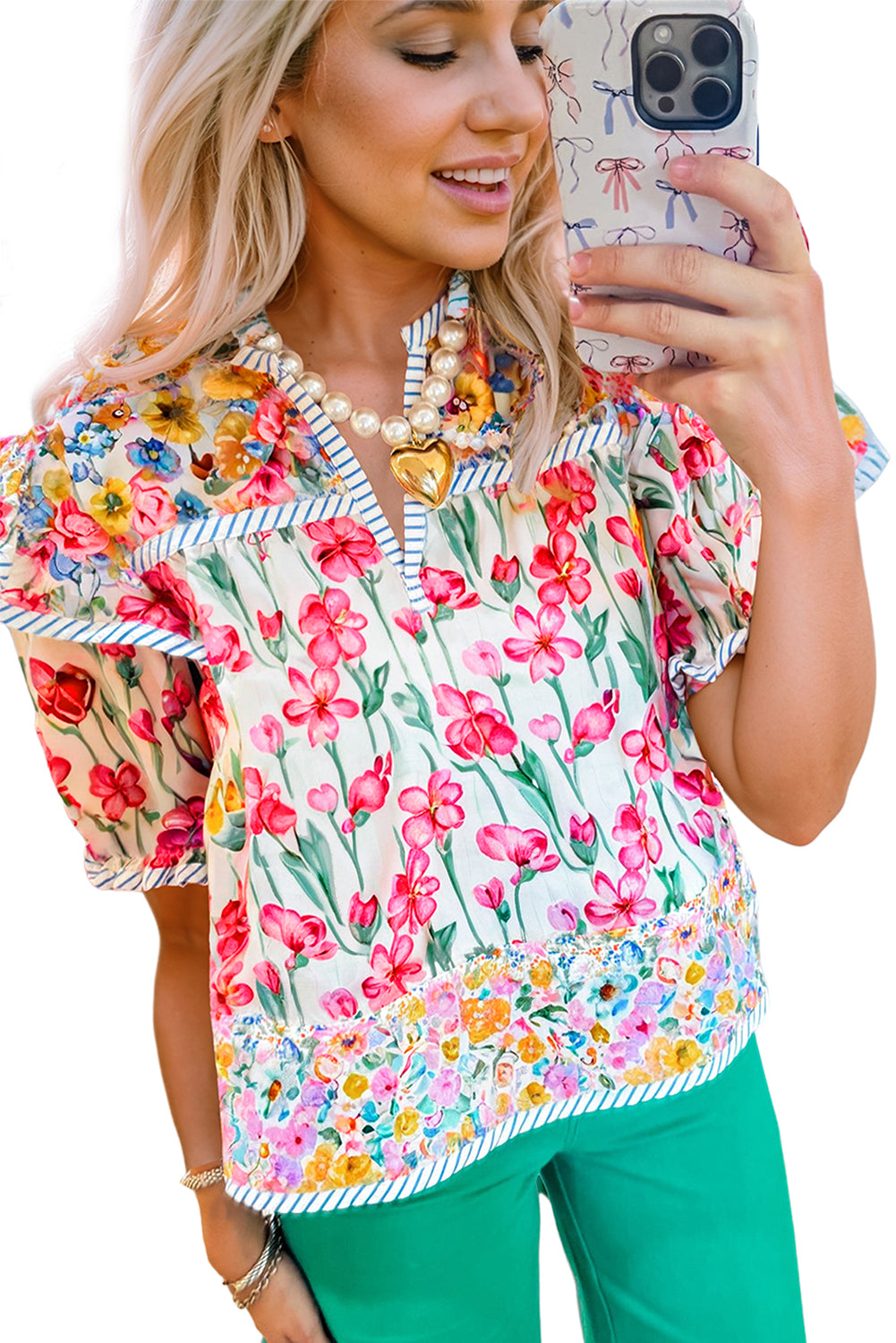 Pink Floral Print Striped Detail Split Neck Short Sleeve Blouse eAura