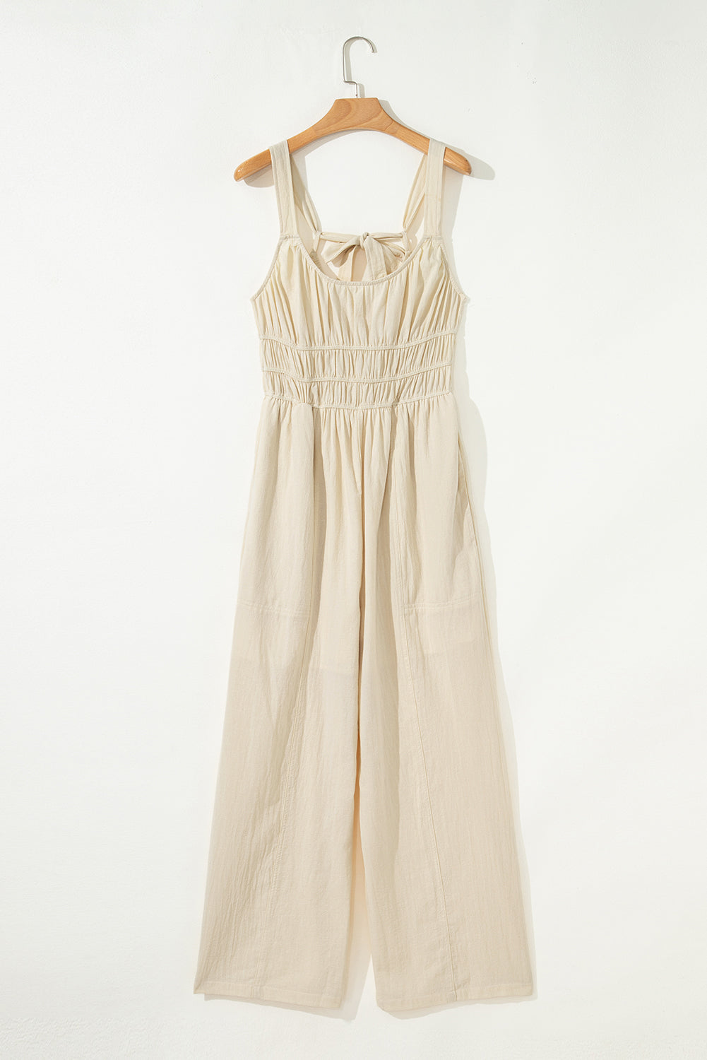 Beige Ruched High Waist Sleeveless Wide Leg Jumpsuit eAura