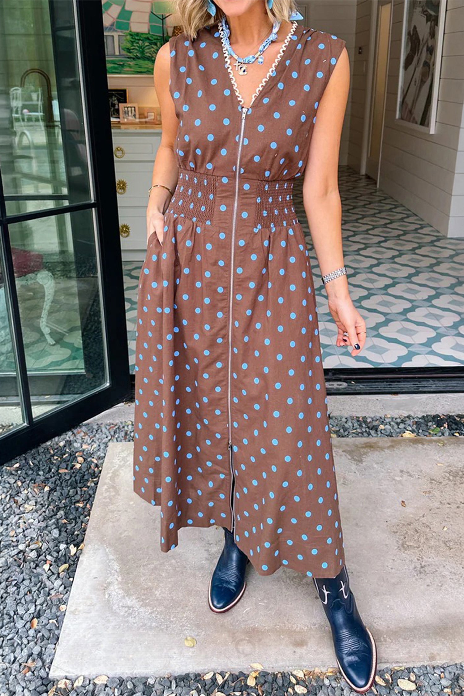 Polka Dot Print Contrast Trim V-Neck Zip Up Sleeveless Dress