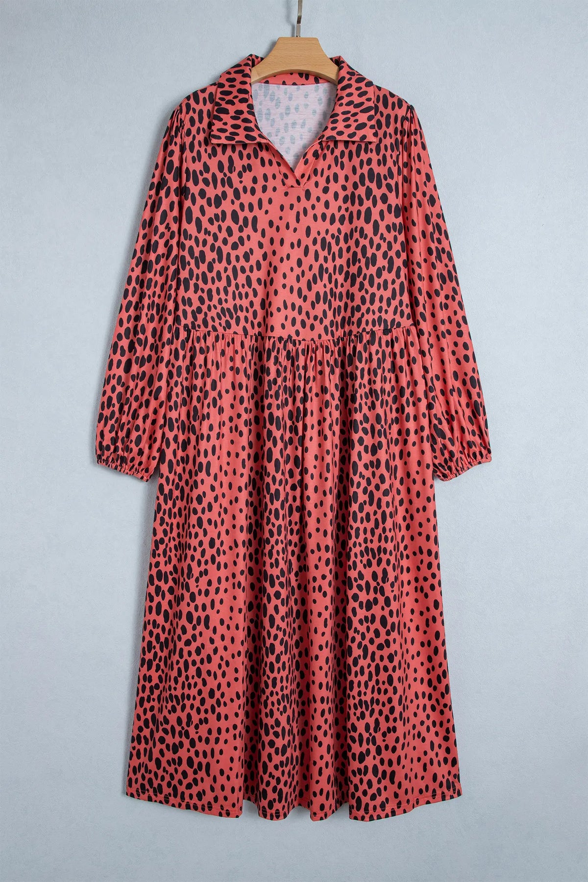 Leopard Print Long Sleeve V Neck Plus Size Midi Dress – Red