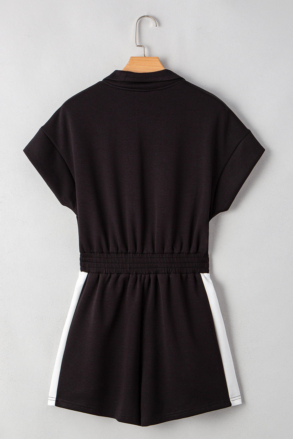 Black Contrast Collar Patchwork Zip Front Romper eAura