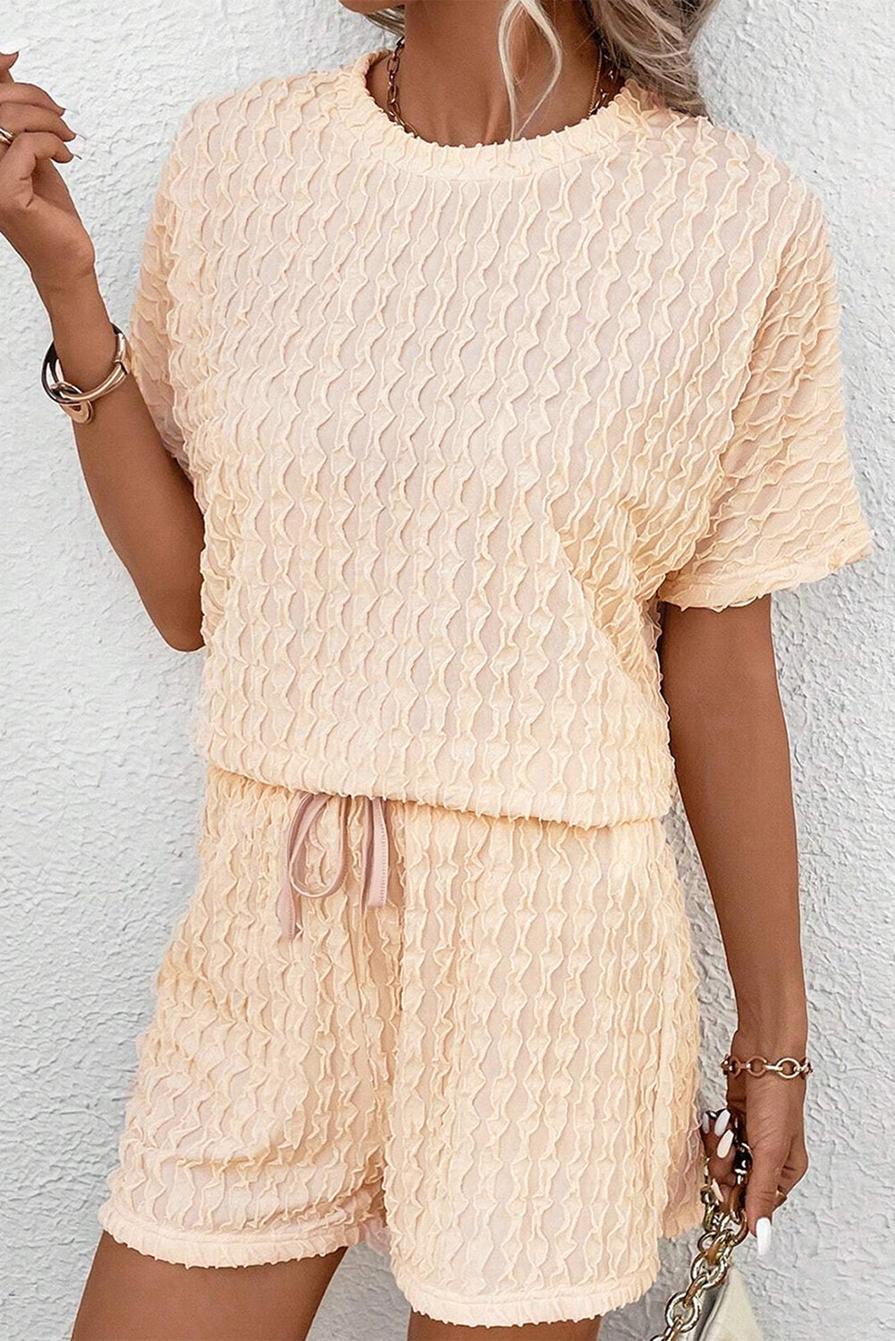 Beige Frill Textured Short Sleeve Top and Drawstring Shorts Set BB Fashion Outlet