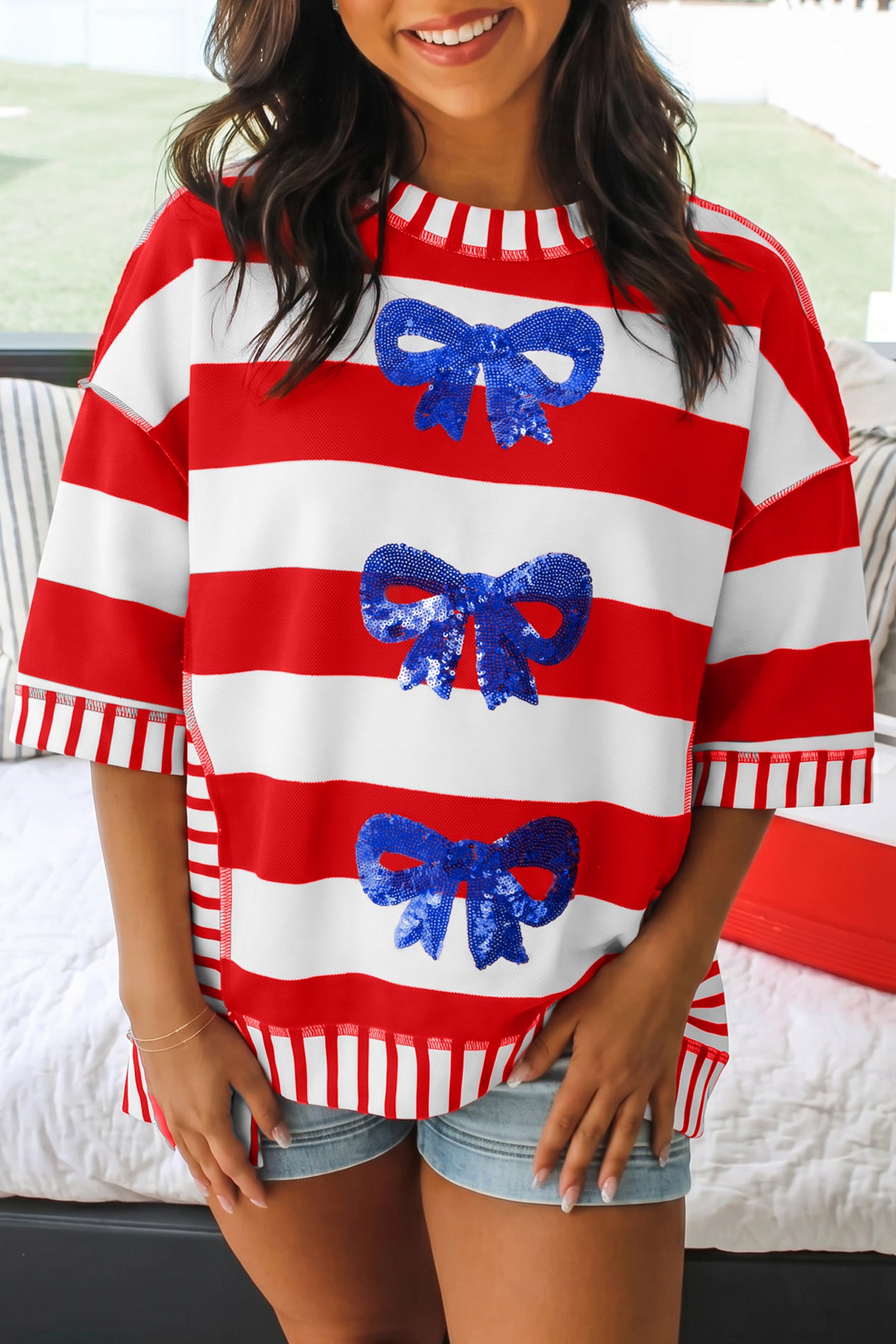 Sequin Bow Patriotic Half Sleeve Top – Red Stripe