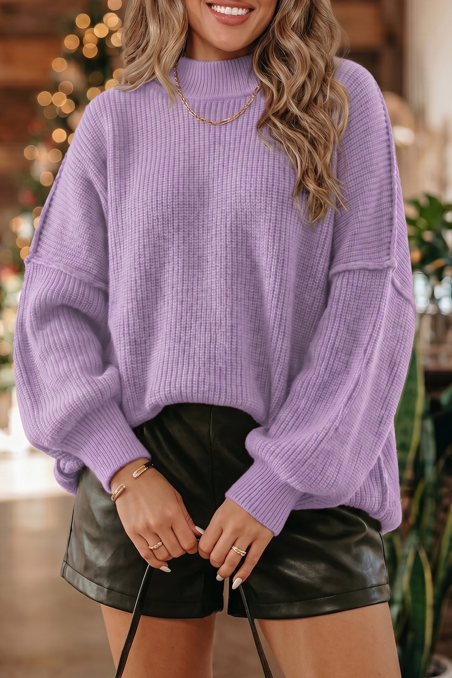Long Sleeve Ribbed Knit Stand Neck Regular Fit Sweater – Chestnut