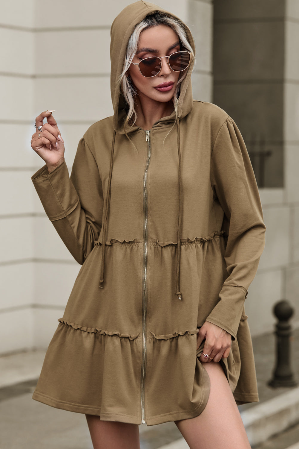 Khaki Tiered Ruffled Zip-Up Drawstring Hooded Jacket eAura