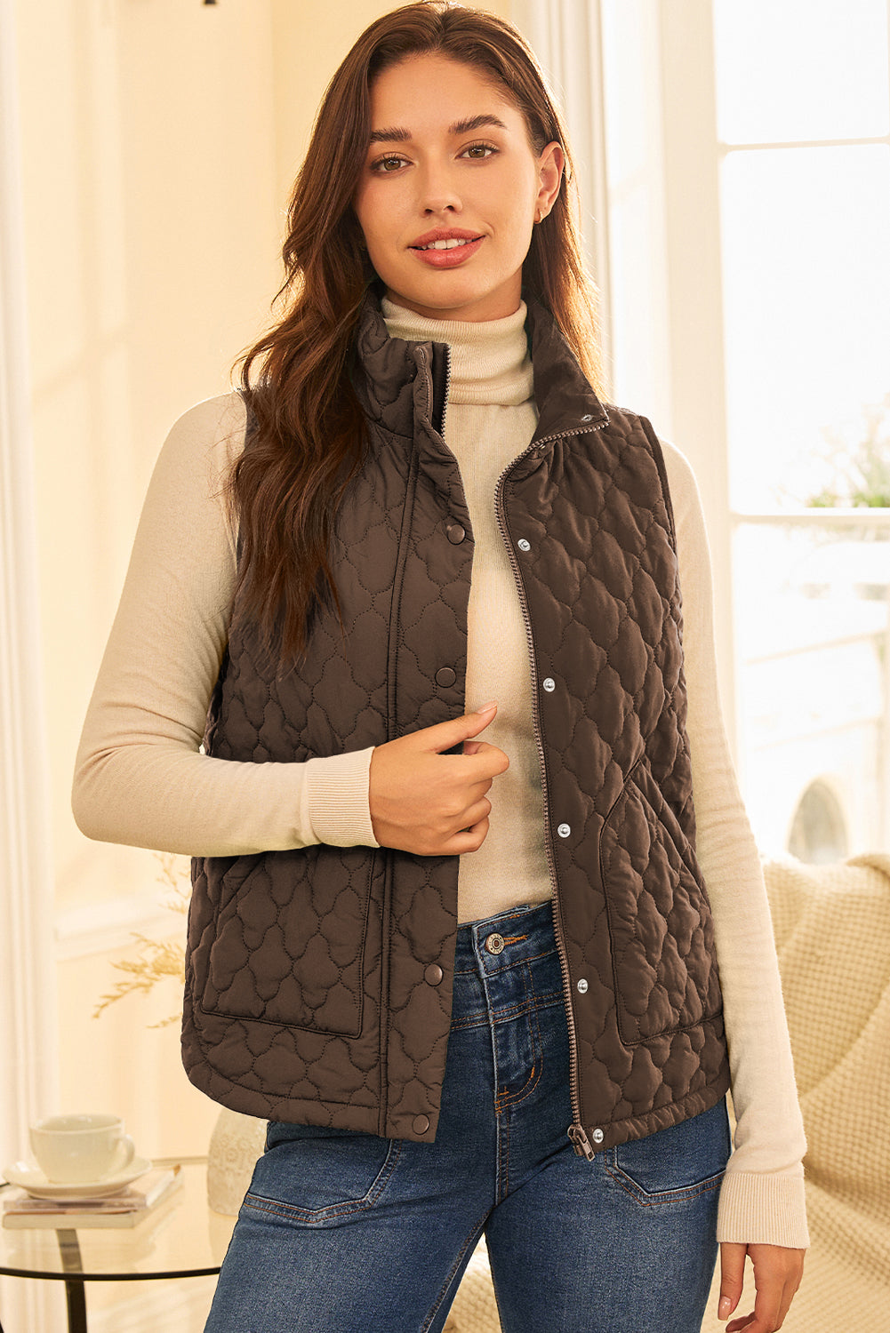 Flower Shape Quilted Snap Button Zip Up Winter Vest Vest - eAura