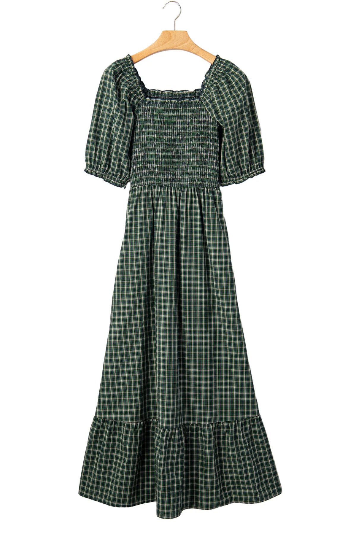 Plaid Square Neck Shirred High Waist Ruffle Hem Dress – Green