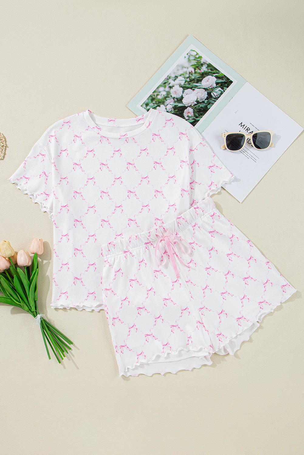 Pink Bow Knot Geometric Print Lettuce Trim Two Piece Pyjamas eAura