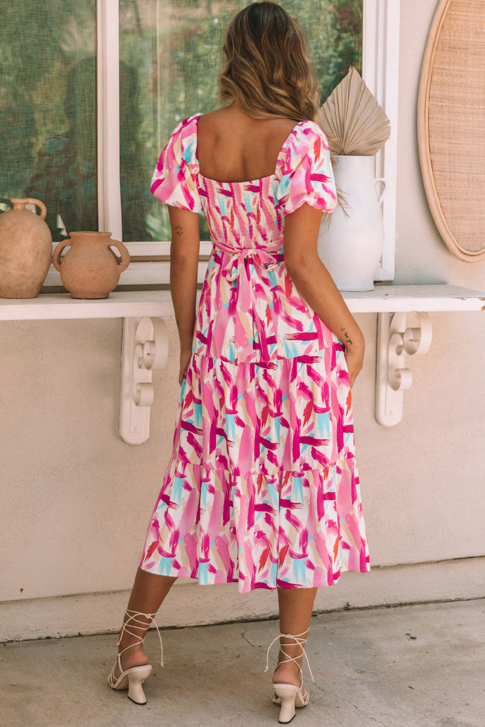 Pink Brush Stroke Printed Smocked Ruffle Tiered Dress eAura