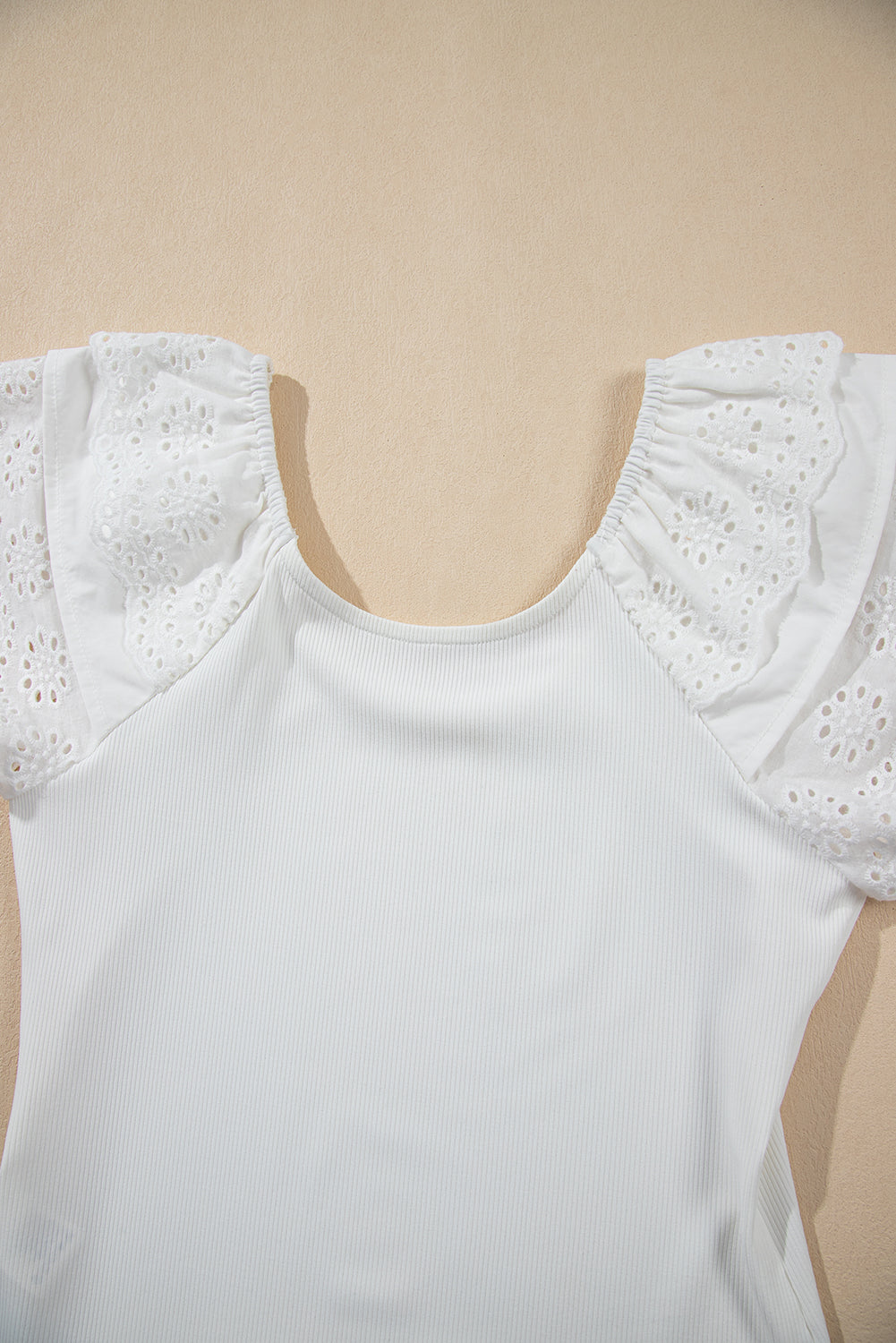 White Eyelet Ruffle Sleeve Slim Fitted Top eAura