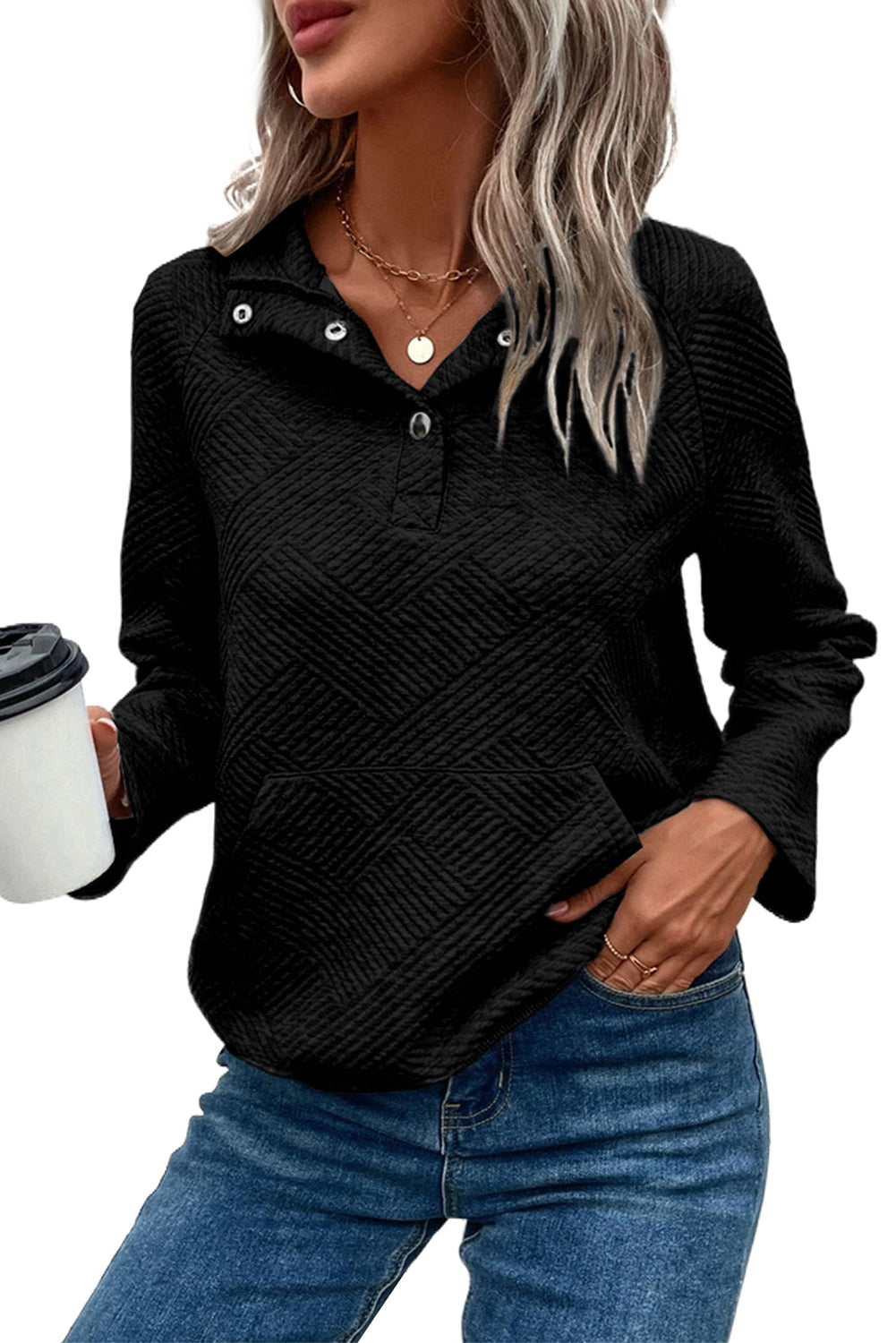Laurel Green Textured Knit Buttoned Kangaroo Pocket Sweatshirt eAura