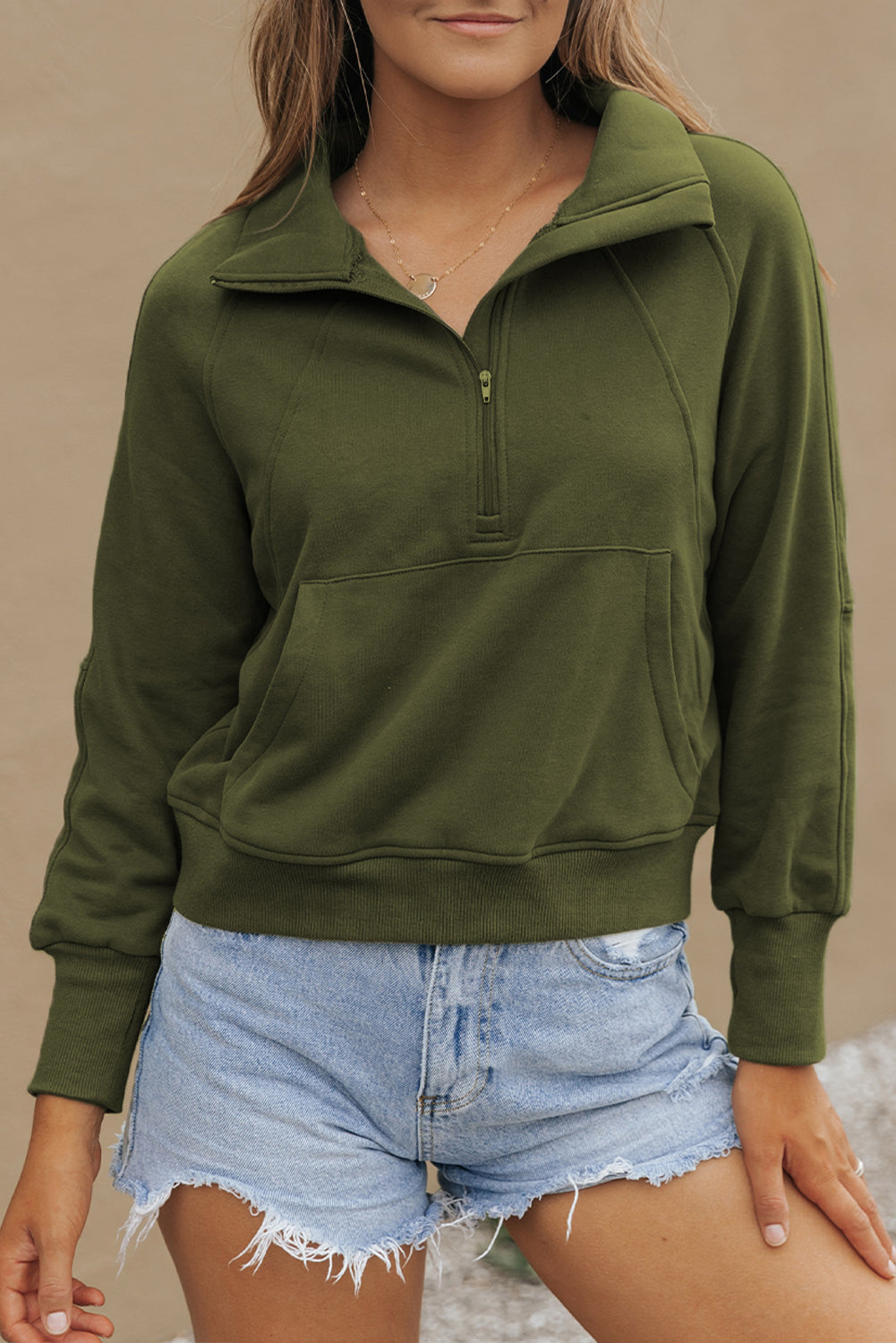 Brown Fleece Lined Zip Up Stand Collar Thumbhole Sleeve Sweatshirt eAura