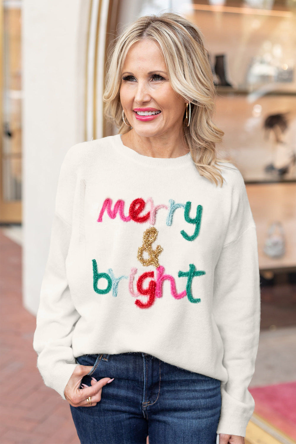White XOXO Glitter Print Round Neck Casual Sweater eAura