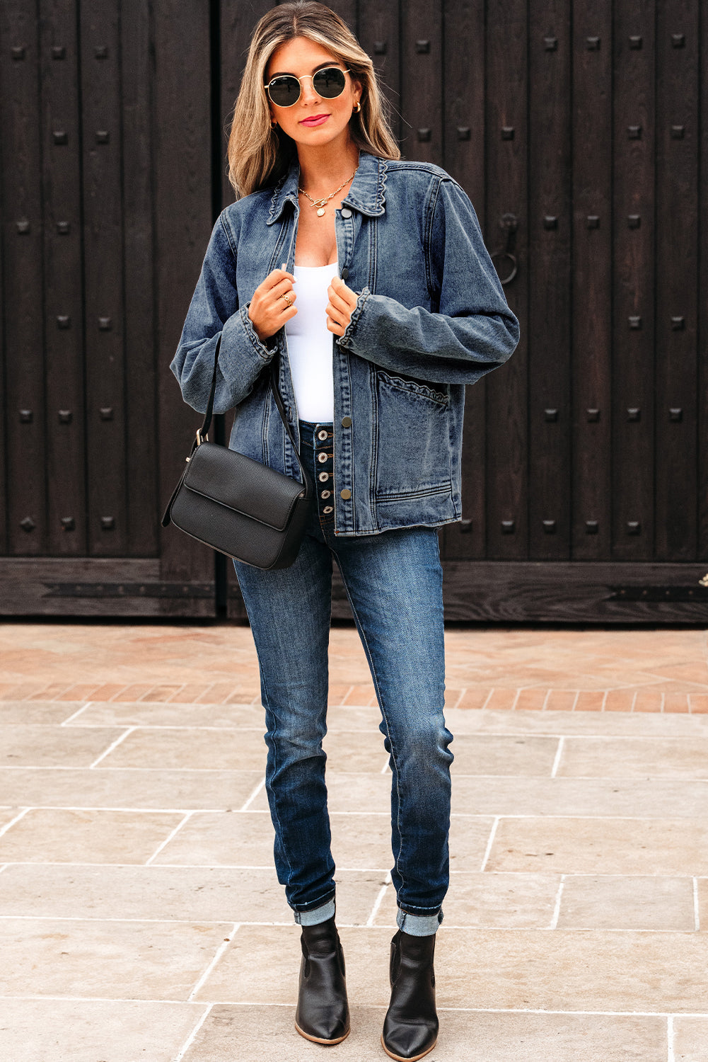 Scallop Trim Collar Patched Pocket Button Up Denim Jacket eAura