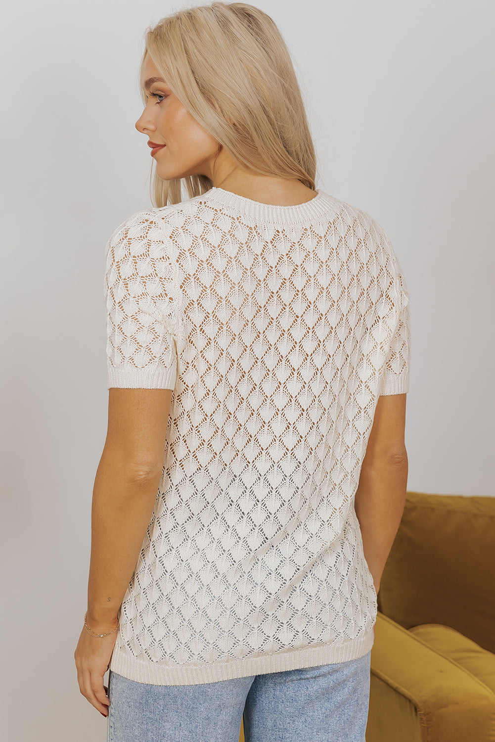 Beige Hollow Out Crochet O Neck Short Sleeve Sweater Tee eAura