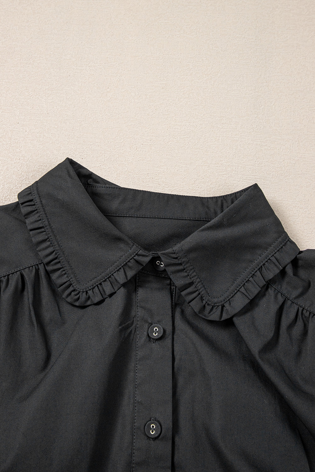 Black Shirt Style Button Down Puff Sleeve Ruffle Hem Dress eAura