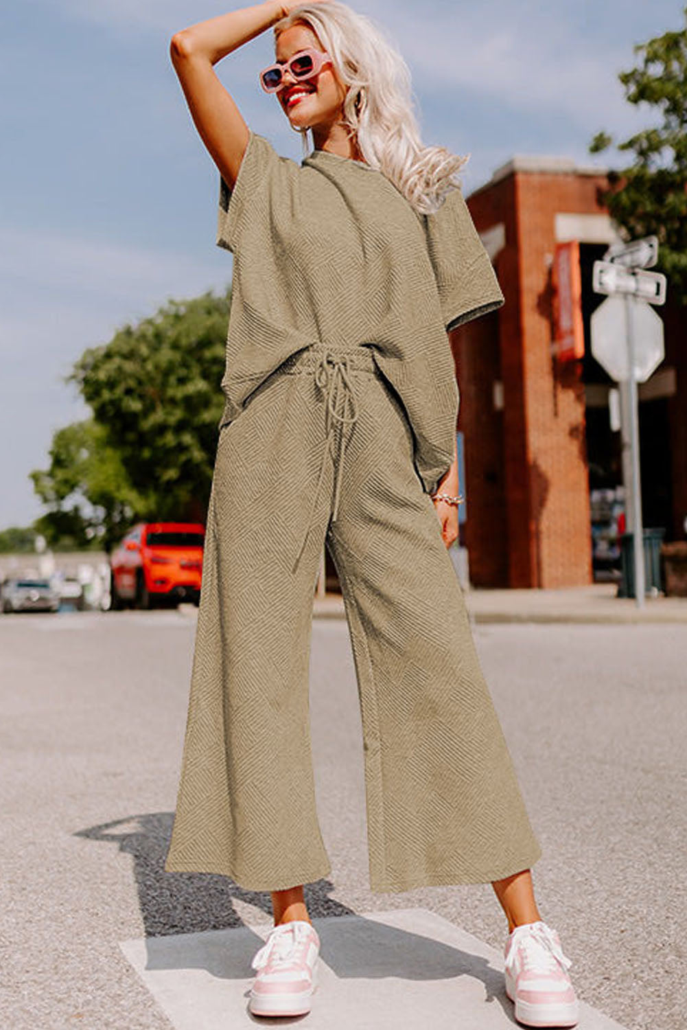Textured Loose Fit T Shirt and Drawstring Trousers Co-ord Set eAura