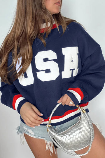USA Slogan Patch Embroidery Colorblock High Neck Long Sleeve Sweatshirt – Dirty Blue