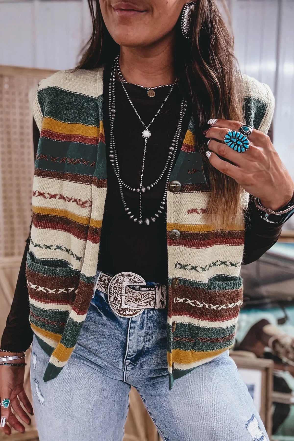 Striped Button Front Sleeveless Knit Regular Fit Sweater Vest – Multicolour