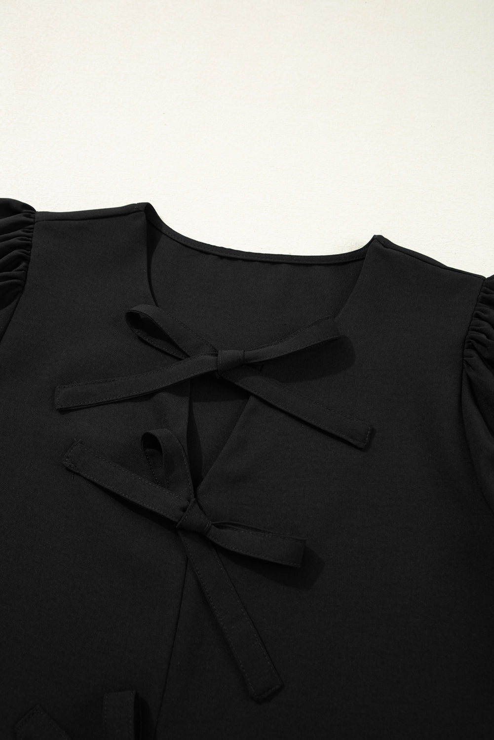 Black Puff Sleeve Bowknot Front Peplum Blouse eAura