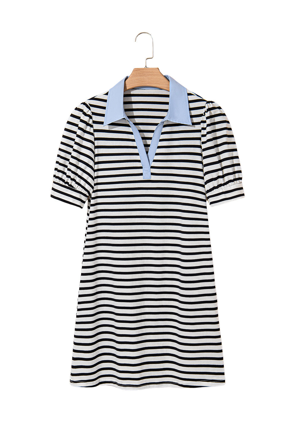 Black Stripe Contrast V Neck Collared T-Shirt Mini Dress with Pockets eAura