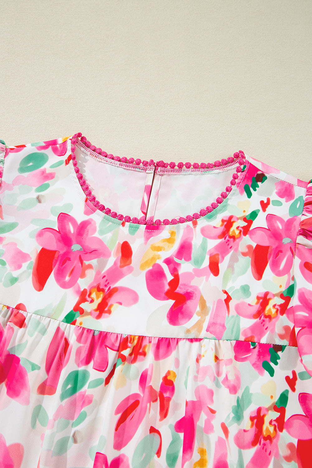 Rose Floral Print Flutter Sleeve Round Neck Casual Blouse eAura