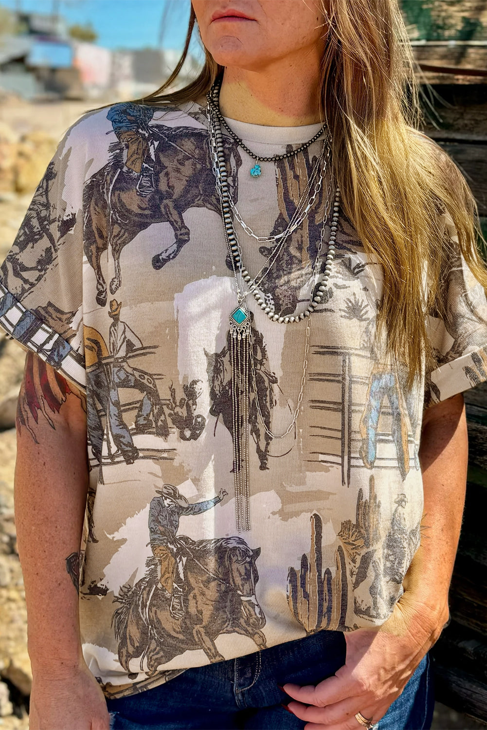 Khaki Western Cowboy Print Cuffed Sleeve Crewneck T Shirt eAura
