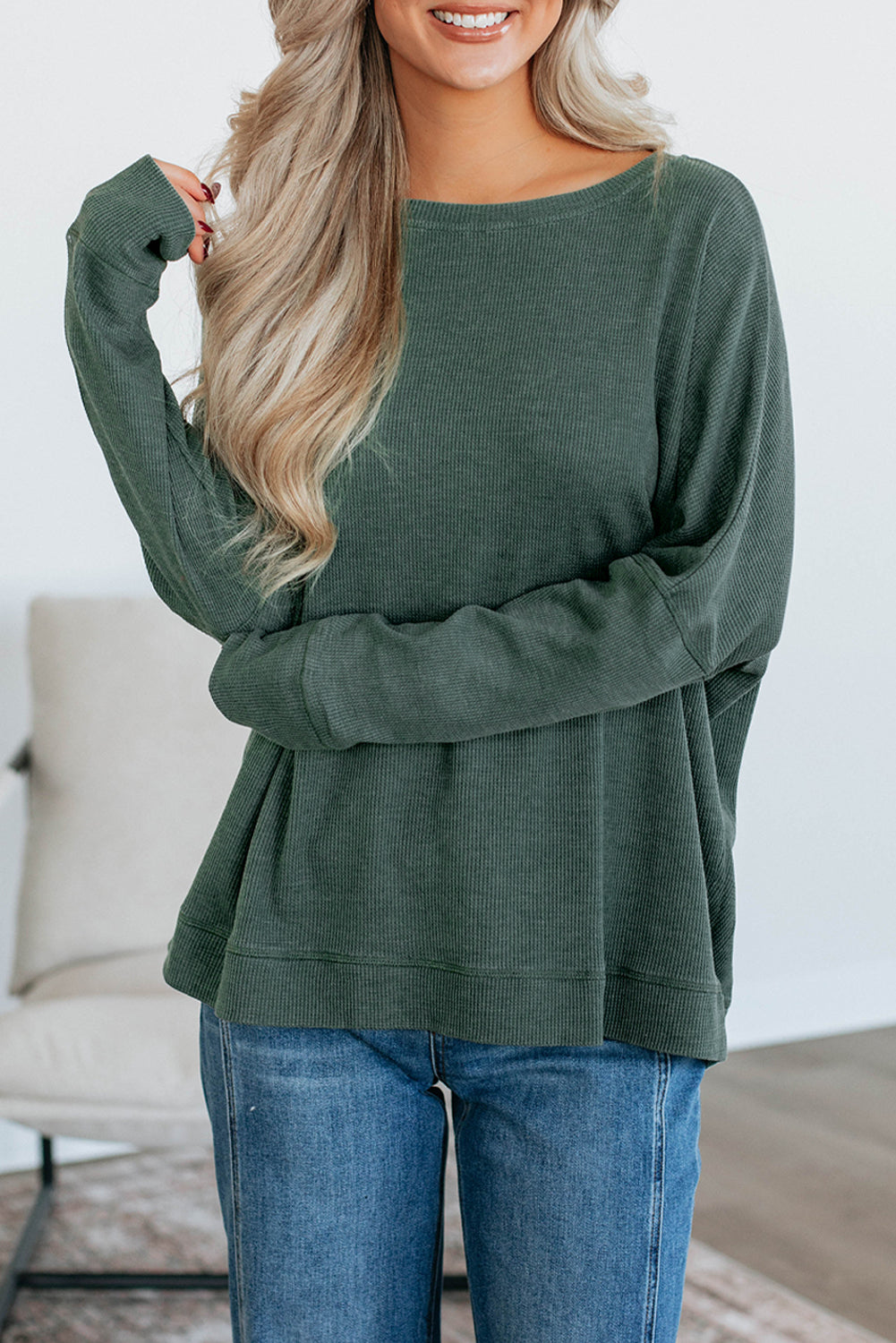 Waffle Textured Long Sleeve Loose Top eAura