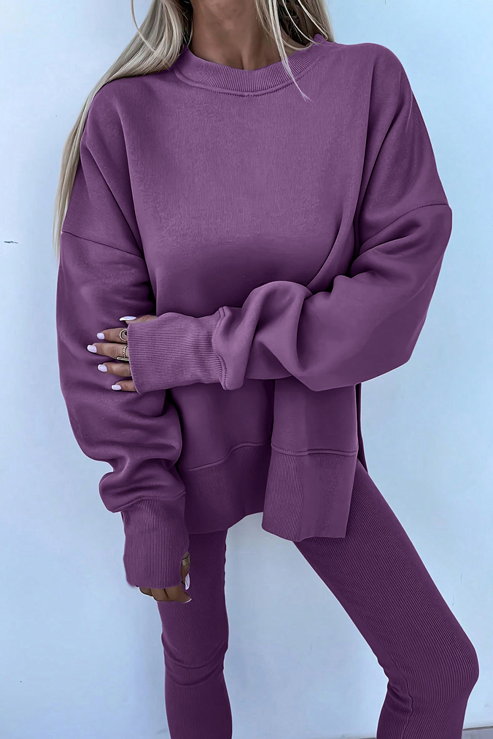 Oversize Slit Sweatshirt and Ribbed Leggings Co-ord Set - eAura