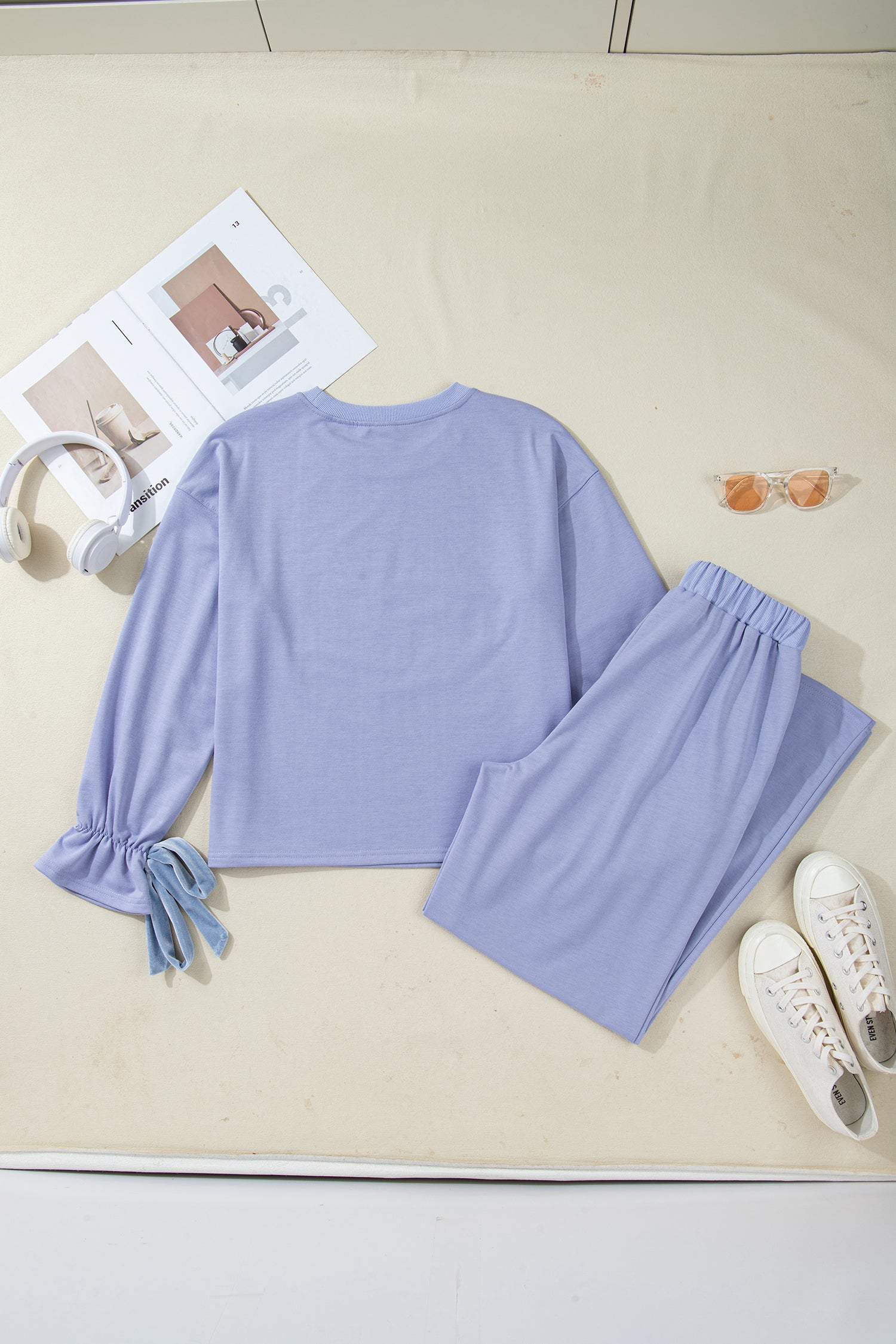 Beau Flounce Long Sleeve Top Drawstring Pants Contrast Velvet Bow Knot 2pcs Lounge Set – Blue