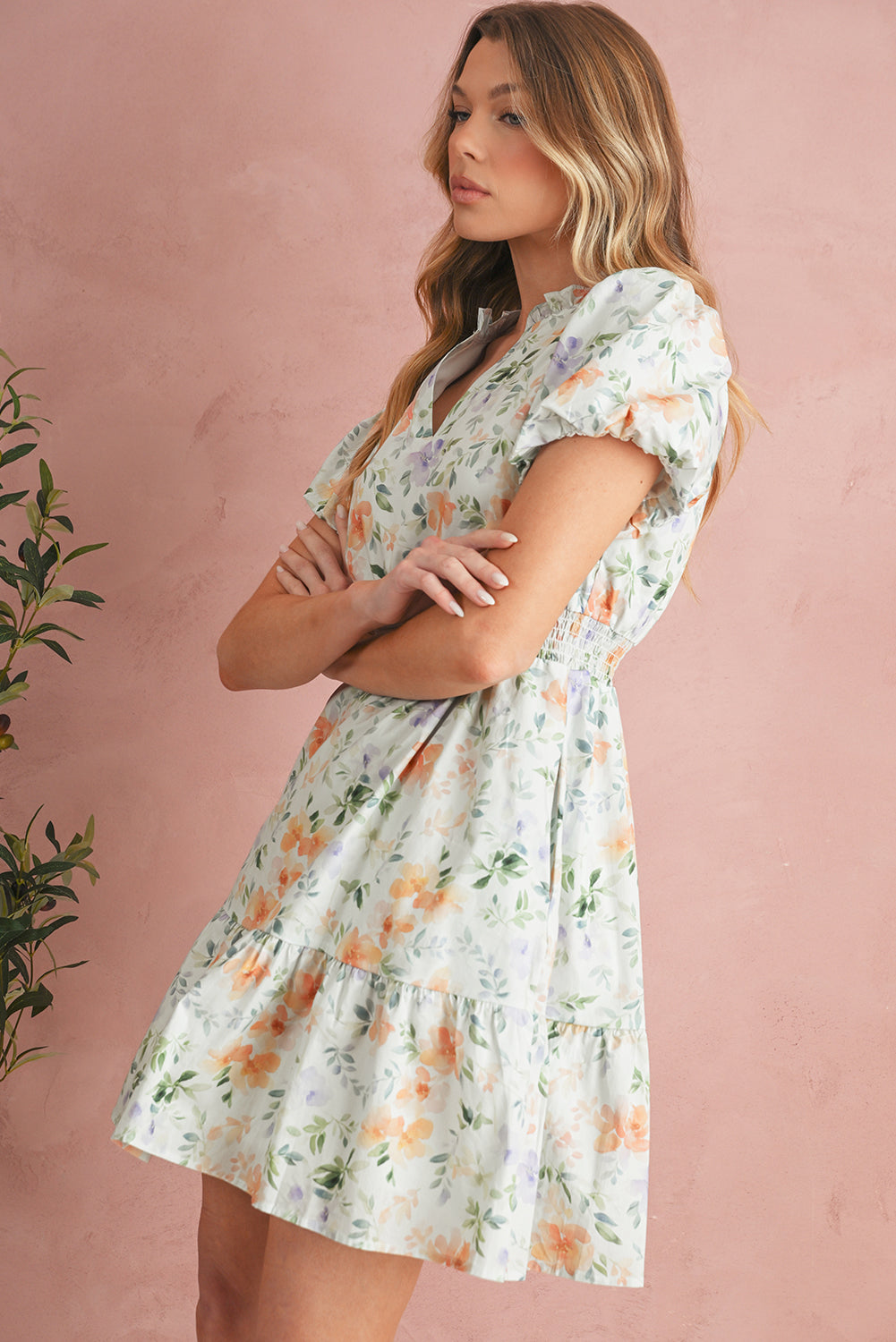 Floral Print Smocked Puff Sleeve Mini Dress