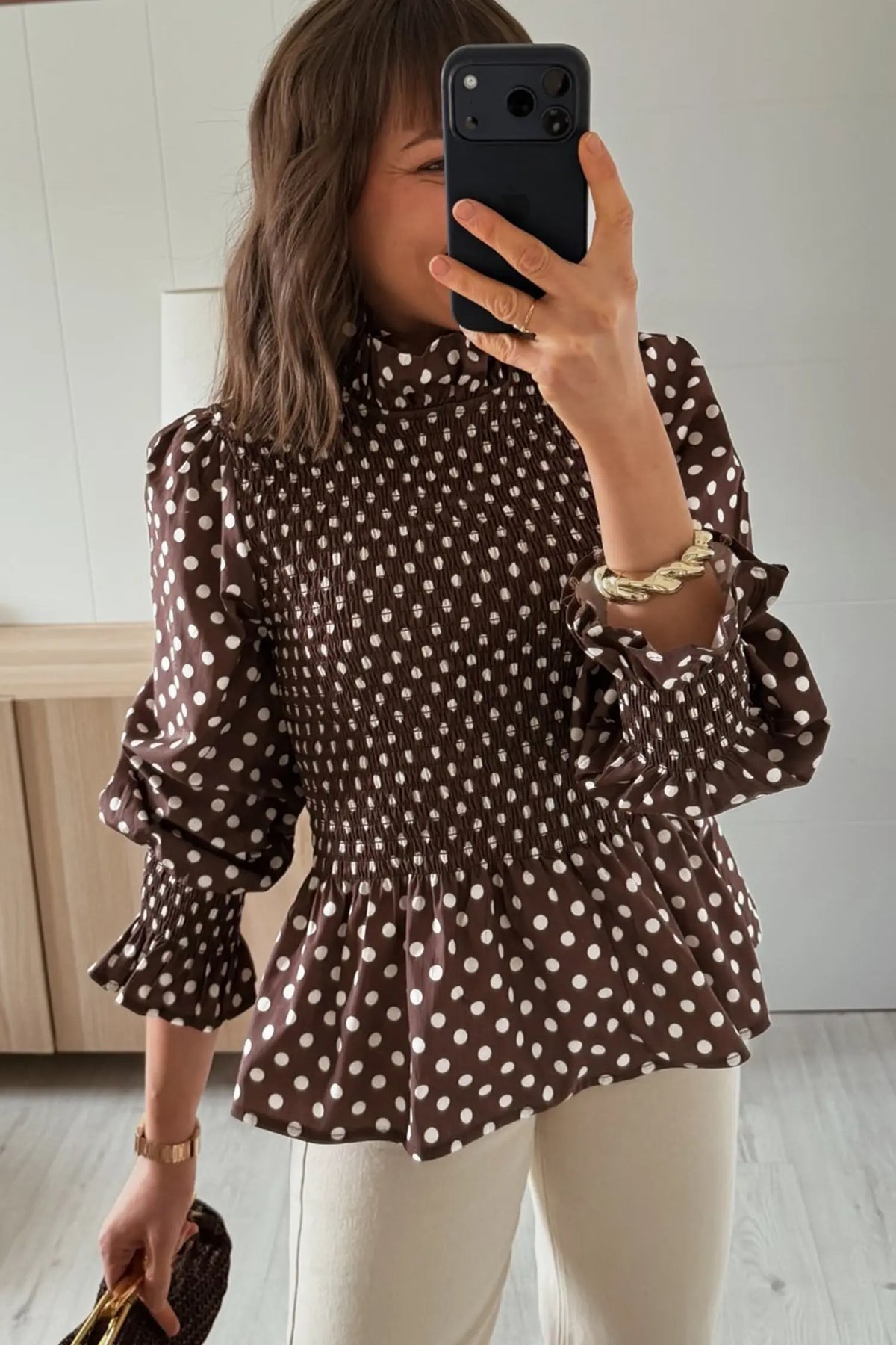 Polka Dot Ruffled High Neck Shirred Ruffle Hem Blouse – Brown