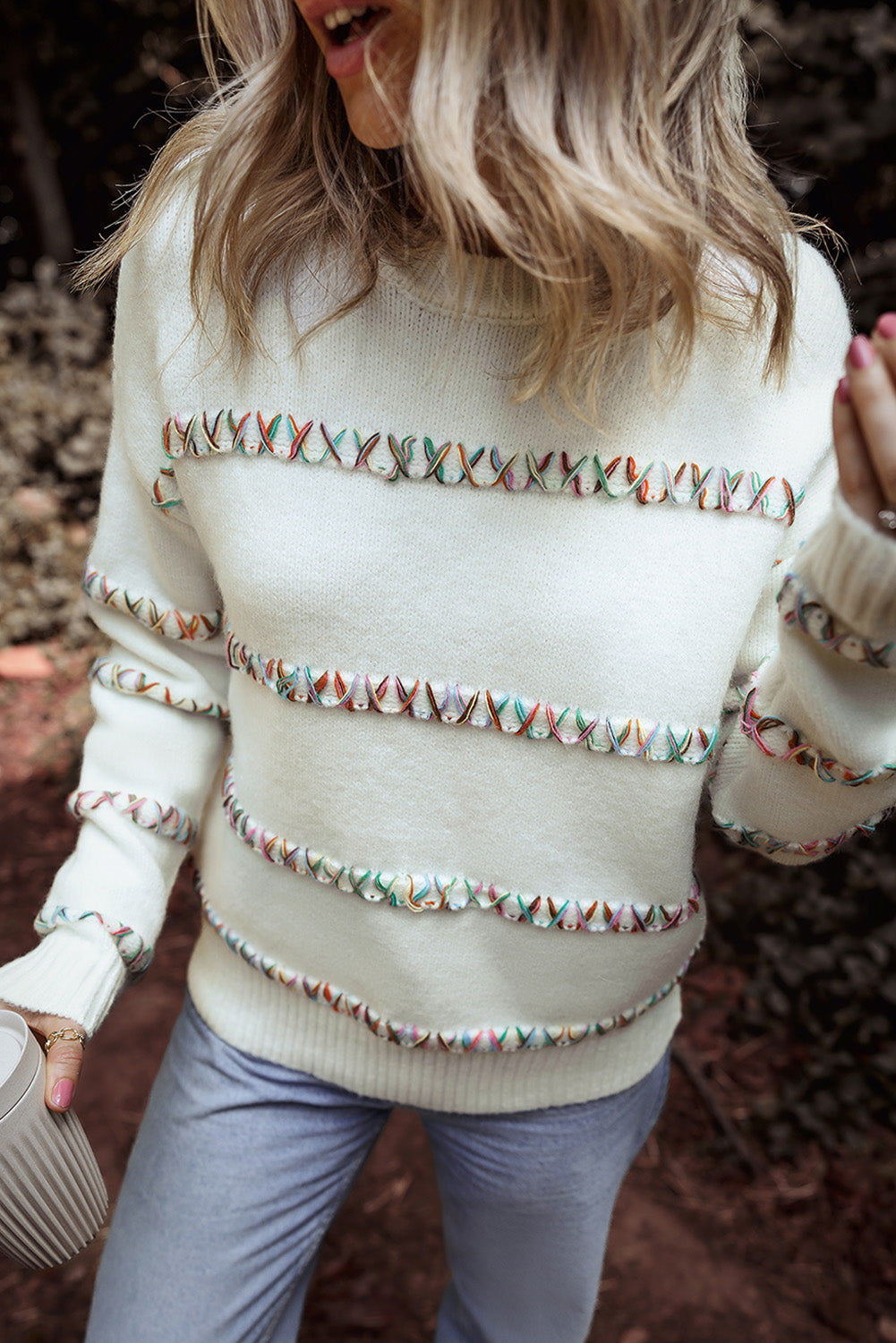 White Colourful Crossed Stitch Drop Shoulder Sweater eAura