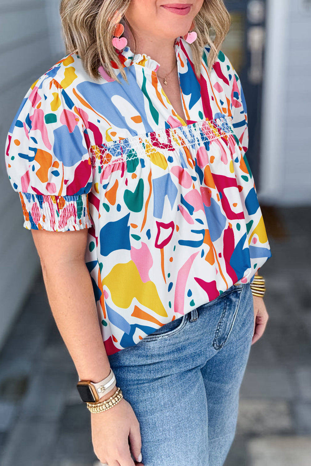 White Abstract Print Shirred Cuff Puff Sleeve Plus Size Blouse BB Fashion Outlet