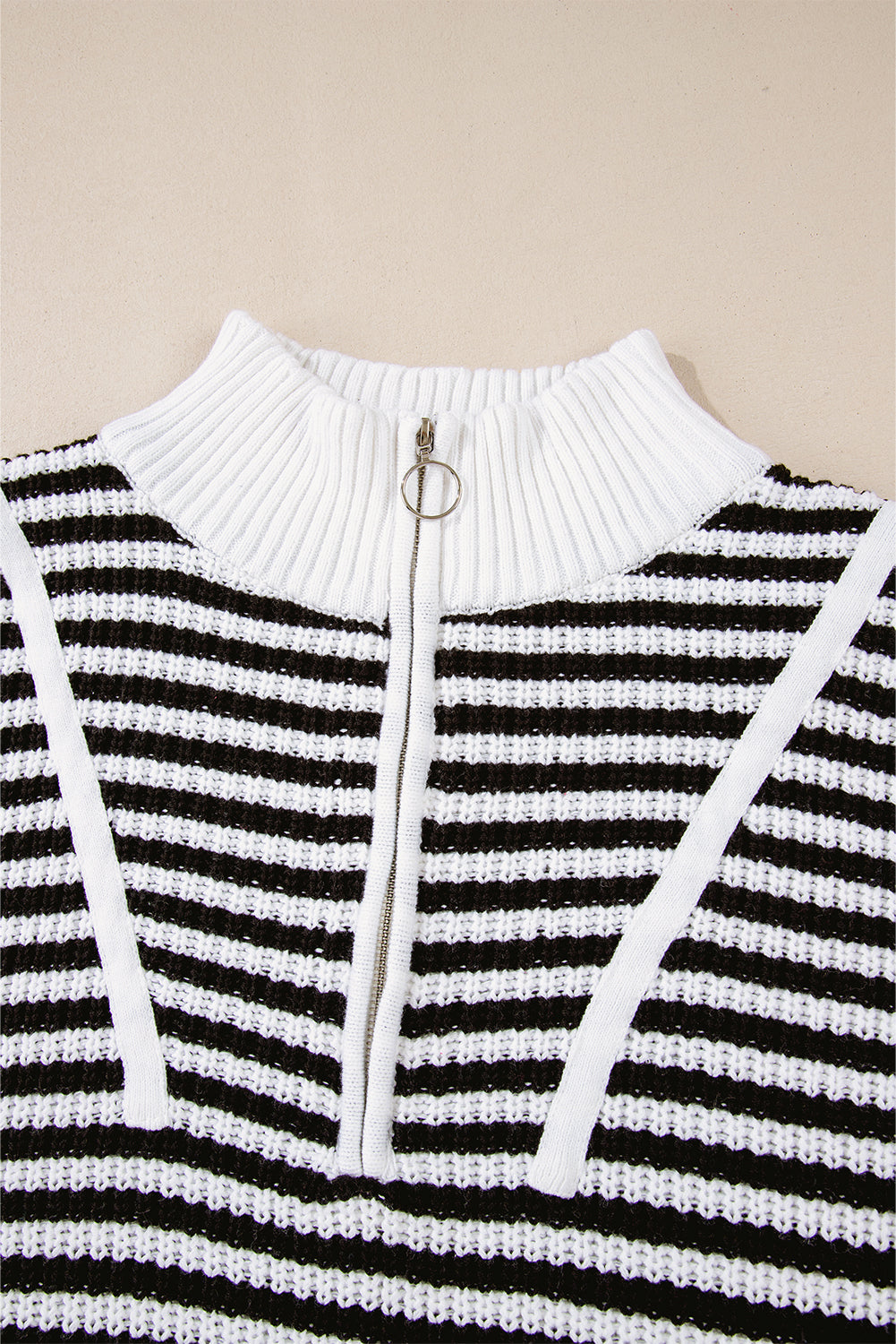 Black Stripe Zip up Collar Drop Shoulder Sweater eAura