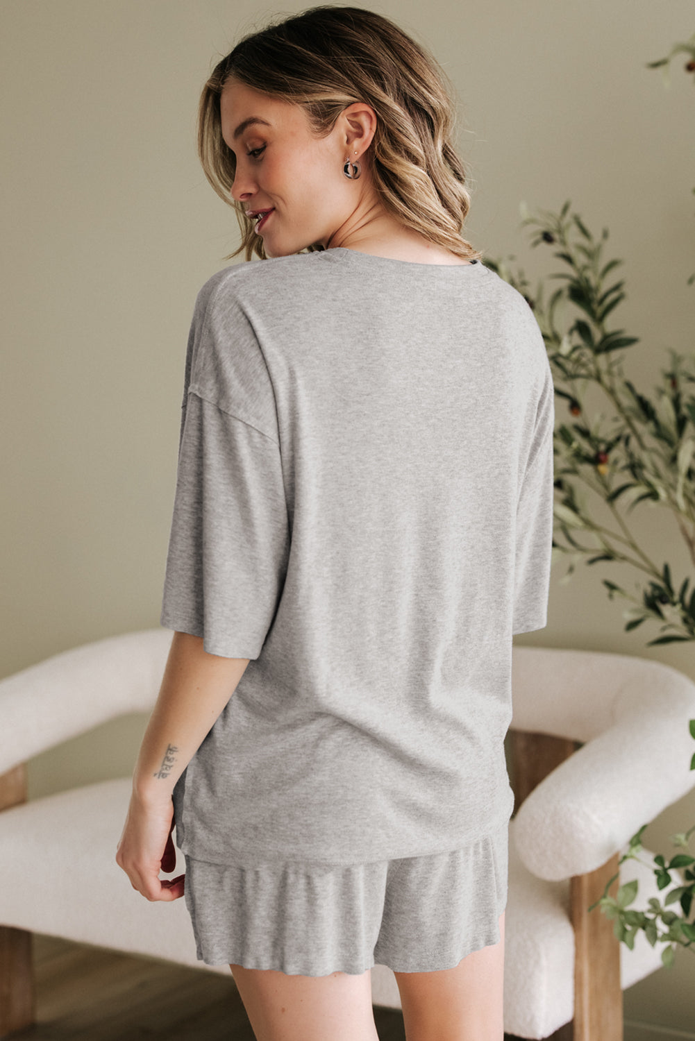 Grey Solid Colour Loose Tee 2 Piece Shorts Set eAura
